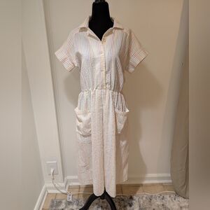 Vintage 1980s Unbranded White Rainbow Stripe Shirt Dress Size Large Pockets
